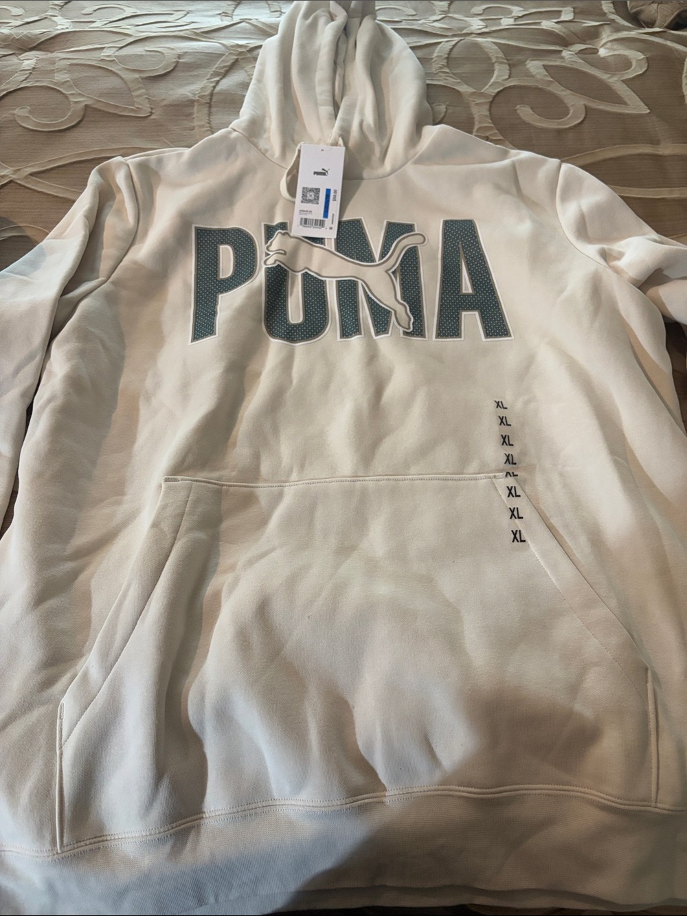Puma Men's Cream Crewneck Hoodie with Teal Logo